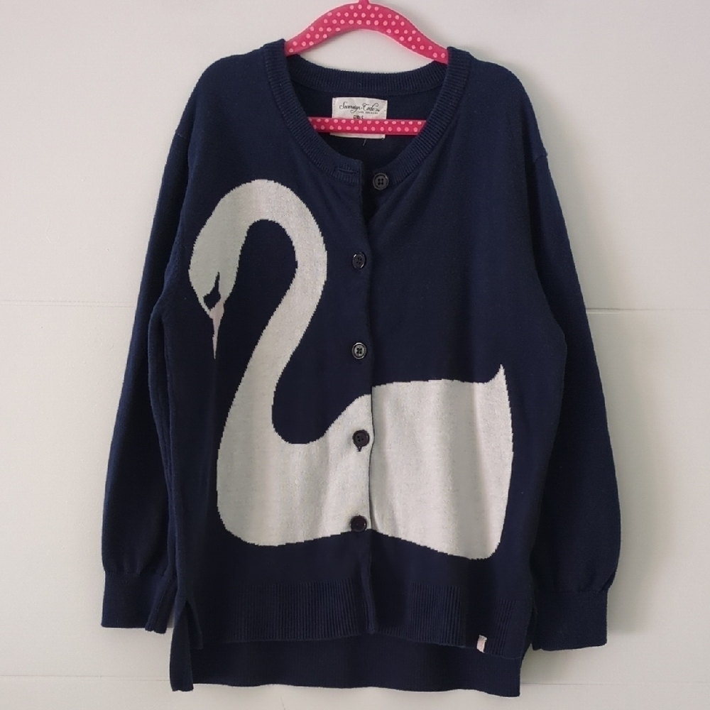 Back To School Navy White Swan Design Preppy Button Down Cardigan Sz 12 Girls